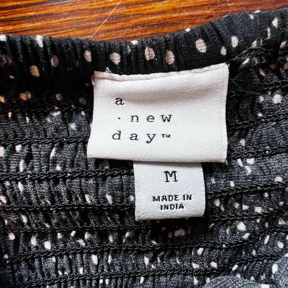 A New Day Boho Black White Balloon Sleeve Blouse Ruched Crop Top Size Medium - Picture 10 of 12